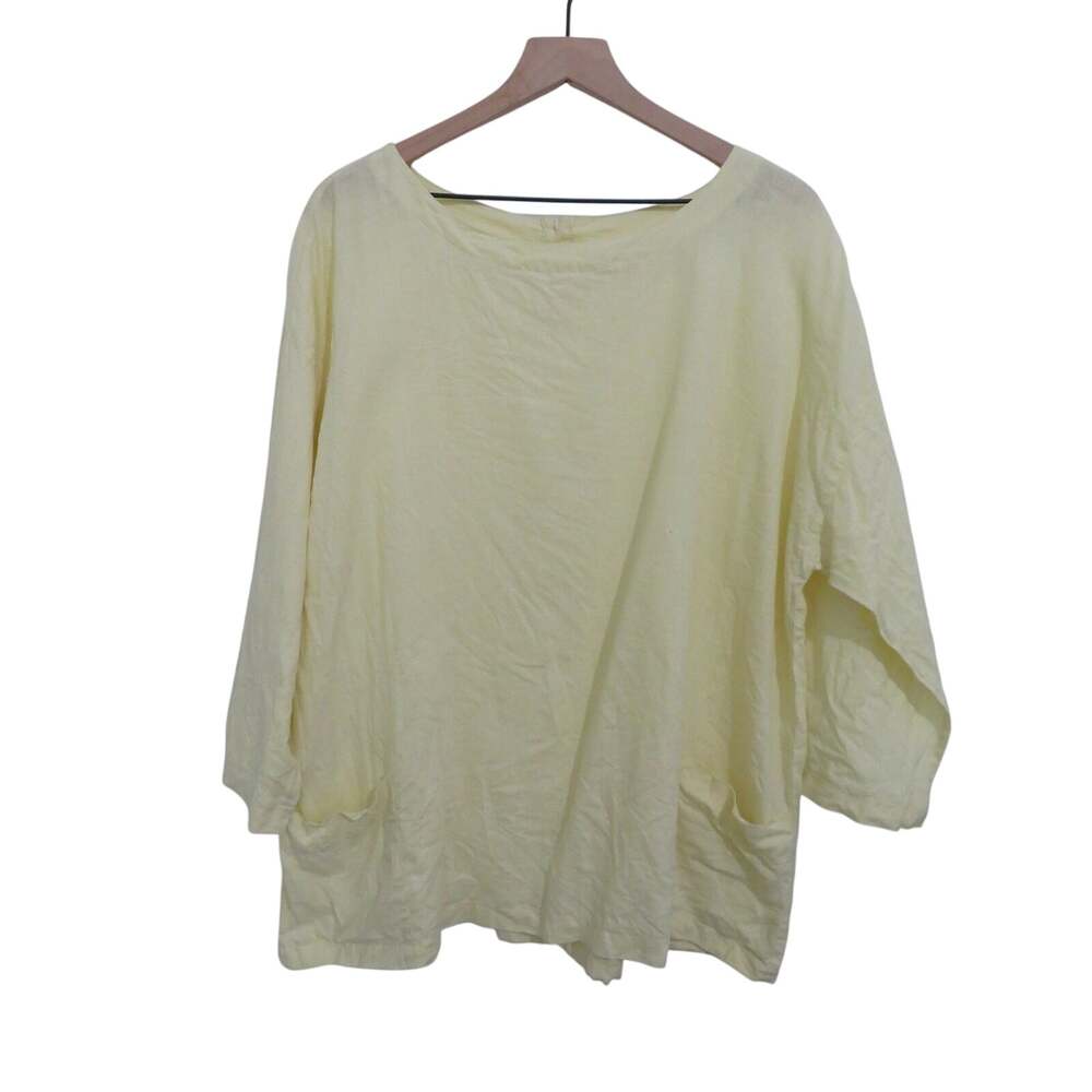 Eileen Fisher Women Sz L Light Yellow Organic Linen Relaxed Boat Neck Top Casual